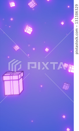 Abstract glowing pink neon gift boxes floating against a blue background, symbolizing celebration, holiday spirit, and futuristic design 131386329