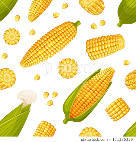 Corn seamless pattern. Sweet maize cobs and grains, yellow spikelets with green leaves, repeated organic product. Textile, wrapping paper, wallpaper. Print for fabric classy vector background Corn seamless pattern. Sweet maize cobs and grains, yellow spikelets with green leaves, repeated organic product. Textile, wrapping paper, wallpaper. Print for fabric classy vector background 131386339