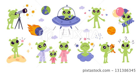 Cute green alien characters. Cartoon little ufo mascots, funny kids creatures, different actions, poses, space humanoids, planets and stars, cosmonaut in rocket, stickers garish vector set 131386345