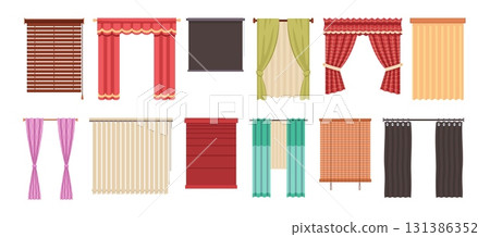Different kinds curtains. Fabric elegant, wood blinds, decorative textile lambrequins for windows, interior blackout, home decoration, cartoon flat style isolated illustration, tidy vector set 131386352