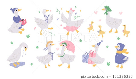 Funny domestic geese. Farm domestic birds, cartoon characters, cute little goslings, couple in love, mother goose in headscarf, childish decorative stickers, garish vector isolated set 131386353
