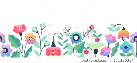 Geometric flower border. Seamless floral frame, colorful blooming plants, garden blossom elements, spring botanical decor, summer time, cartoon flat style isolated tidy vector concept 131386354