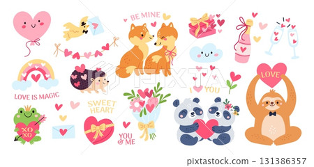 Love and romantic elements. Cartoon funny animals, valentine day happy fauna characters, cute pandas, foxes and frog stickers, gifts and flower bouquet, garish vector isolated set 131386357
