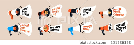 Megaphones advertising. Audio marketing and promotion, speakers with outgoing slogans stickers, acoustic communication, promo attention, cartoon flat style isolated garish vector set Megaphones advertising. Audio marketing and promotion, speakers with outgoing slogans stickers, acoustic communication, promo attention, cartoon flat style isolated garish vector set 131386358