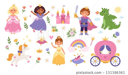 Princess and royal accessories. Pretty girls in puffy dresses, cute prince with sword, magic castle, fairy tale dragon and unicorn, vector cartoon flat style isolated garish vector set 131386361
