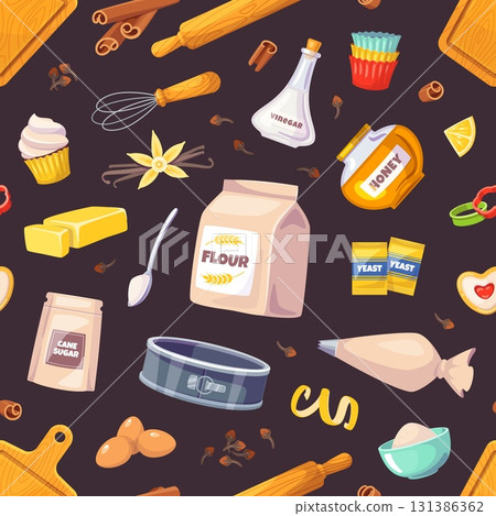 Sweet pastry elements seamless pattern. Bakery products and kitchen utensils, lemon zest, cinnamon, eggs and flour. Textile, wrapping paper, wallpaper. Print for fabric classy vector background 131386362