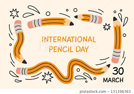 Twisted pencils frame. Flexible long supplies, curved drawing and writing accessories, graphite rod, erasers at ends, banner design, cartoon flat style isolated garish vector concept 131386363