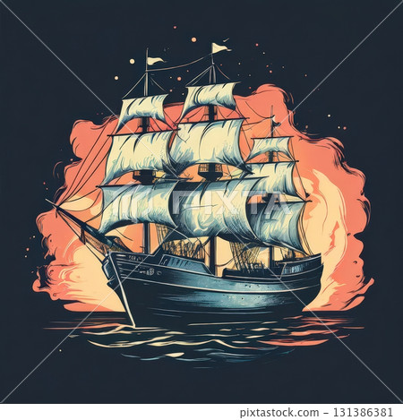 an AI Image Generator, Sailing Ship Illustration With Full Canvas at Sea 131386381