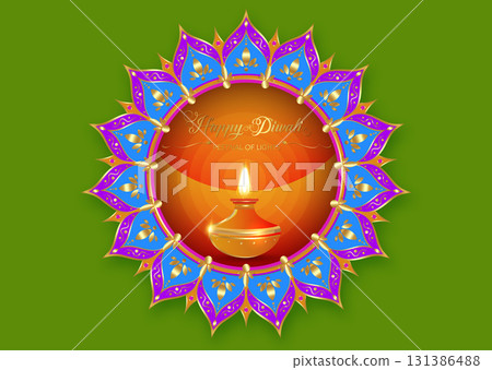 Happy Diwali, Festival of Lights India Celebration, colorful Rangoli mandala. Graphic banner design of burning Indian Diya Oil Lamp, gold design. Vector festive, green background 131386488