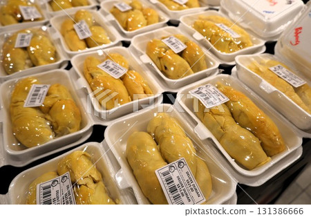 Durian fruits lined up in a supermarket 131386666