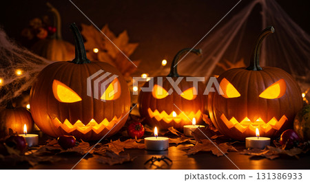 Scary Halloween pumpkin decorated with candles and spider webs Scary Halloween pumpkin decorated with candles and spider webs 131386933