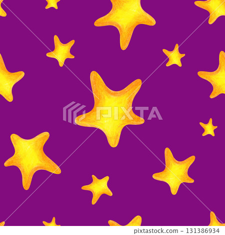 Seamless pattern with golden stars on a purple background, drawn with pencils. Illustration with colored pencils. A child's drawing. For textiles, nursery wallpaper or packaging Seamless pattern with golden stars on a purple background, drawn with pencils. Illustration with colored pencils. A child's drawing. For textiles, nursery wallpaper or packaging 131386934
