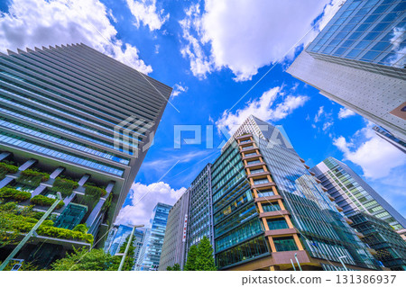 Tokyo cityscape in Japan, with views of Kyobashi intersection, Daiichi Life Kyobashi Kino Terrace, etc. 131386937