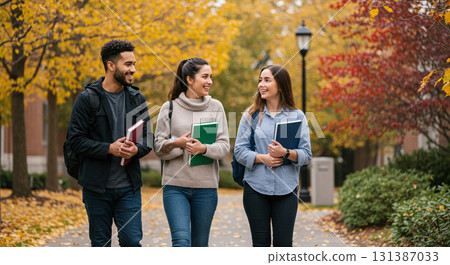 秋天，一群大學生一起在校園散步 131387033