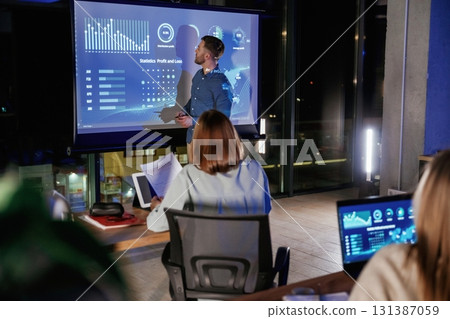 Helping to grow the company. Male business trainer is against projector with data, teaching people Helping to grow the company. Male business trainer is against projector with data, teaching people 131387059