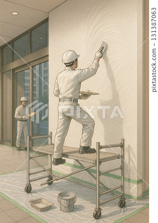 Image of a craftsman painting a fan-shaped pattern on a wall with a trowel. Generative AI 131387063