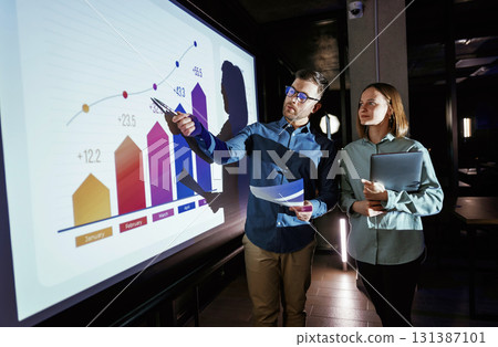 Conception of profit. Man and woman are standing near projector with business data, cooperation 131387101