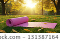 Yoga mat on grass in the sunshine in an autumn park 131387164