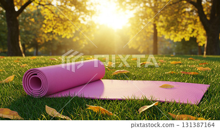 Yoga mat on grass in the sunshine in an autumn park 131387164