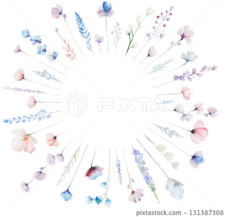 Round frame made with hand drawn watercolor pastel wild flowers and leaves, isolated illustration Round frame made with hand drawn watercolor pastel wild flowers and leaves, isolated illustration 131387308