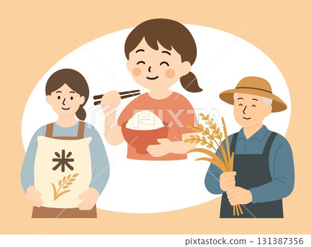 稻農、購買米的消費者和吃米飯的兒童的插圖 131387356