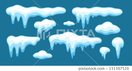 Snow and ice with winter frost in cartoon cap illustrations and frozen elements. Seasonal drip graphics for Christmas holiday design or blue sticker use. Ideal for cold icons 131387520