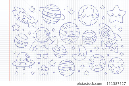 Space doodles include planet, astronaut, rocket, star and moon in notebook sketch. Satellite meteor and comet swirl across galaxy and orbit paths. Cute cartoon cosmic illustrations for kids 131387527