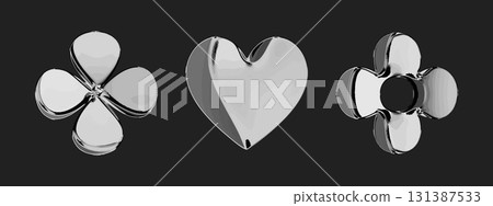 3D y2k Chrome metallic flower and heart icons with abstract glossy shapes. These shiny silver elements are perfect for futuristic and smooth render design. Bold and elegant with a digital twist 131387533
