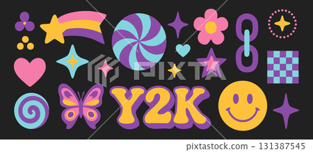 Y2K colorful retro vector graphics include sticker rainbow heart flower and smiley. Butterfly star spark and swirl icons add bold aesthetic appeal. Playful fun for nostalgic design lovers 131387545