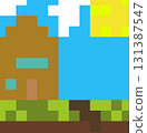A landscape with a Minecraft-style house. 131387547