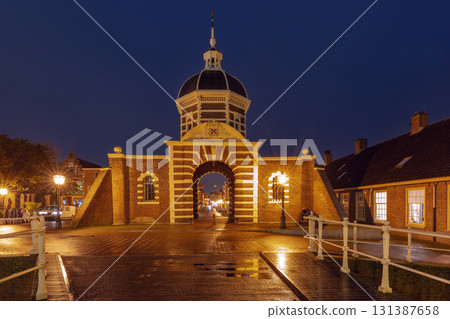 Morspoort at night in Leiden, Netherlands 131387658