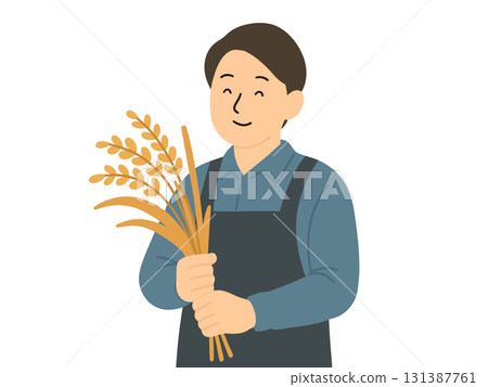 Illustration of a male farmer holding harvested rice ears 131387761