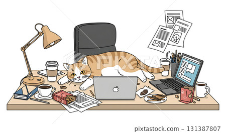 Funny cat lying at desk with snacks, coffee, and clutter pretending to work 131387807