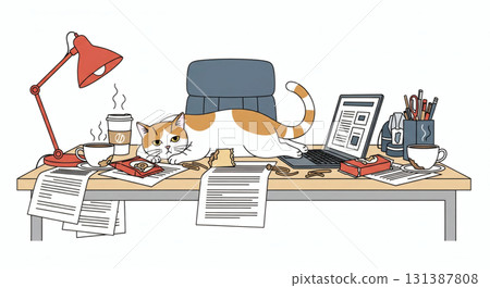 Lazy cat lying on desk with coffee, snacks, papers, and a cluttered workspace 131387808
