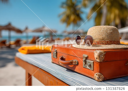 Luggage and hat rest on a beach lounge chair for travel. 131387826
