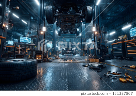 Automotive workshop uses industrial technology to lift a car for service. 131387867
