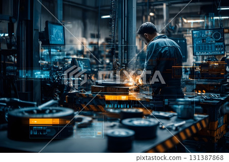 Industrial technology workshop processes automotive components with advanced digital tools. 131387868