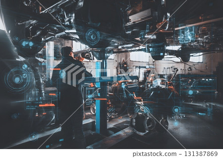Automotive workshop technology analyzing vehicle systems and industrial data. Automotive workshop technology analyzing vehicle systems and industrial data. 131387869