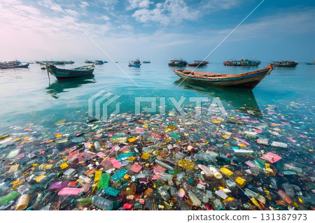 Boats float on the sea filled with colorful plastic pollution. Boats float on the sea filled with colorful plastic pollution. 131387973