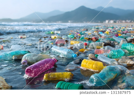 Plastic bottles wash ashore showing pollution of ocean waters and beaches. 131387975