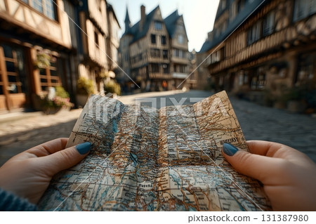 Person holds a map exploring an old town street during a travel adventure. Person holds a map exploring an old town street during a travel adventure. 131387980