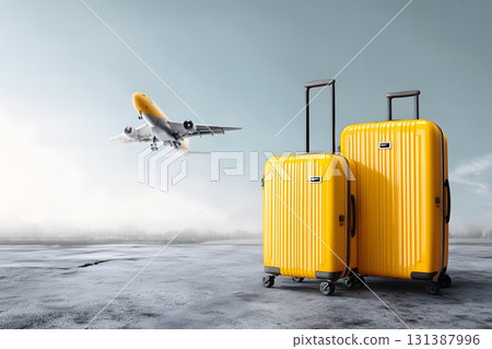 Yellow suitcases wait near an airplane taking off for travel. 131387996
