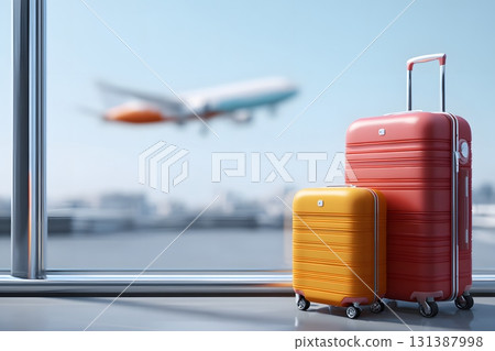 Suitcases wait for air travel near an airplane taking off. 131387998