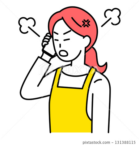 A woman in an apron getting angry while talking on a smartphone 131388115
