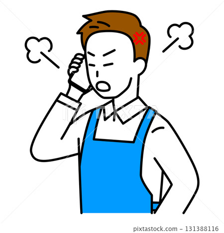 A man in an apron getting angry while talking on a smartphone 131388116