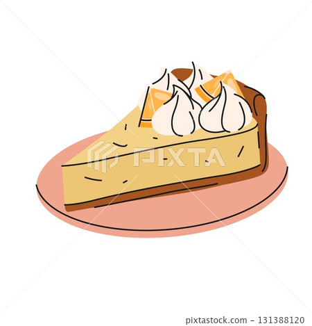 Vector lemon pie slice. Sweet dessert icon. Citrus pastry piece with cream topping or mousse. Bakery and confectionery, patisserie and gourmet culinary sign for cafe or restaurant menu. Festive baking Vector lemon pie slice. Sweet dessert icon. Citrus pastry piece with cream topping or mousse. Bakery and confectionery, patisserie and gourmet culinary sign for cafe or restaurant menu. Festive baking 131388120