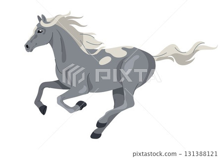 Kladruber horse or Czech equestrian breed. Vector carriage or driving galakarossier. Wildlife mammal motion or movement, running or galloping. Stallion icon or mustang sign. Purebred mare symbol. 131388121