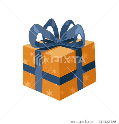 Gift box or wrapped present. Vector package with ribbon and bow for surprise or offering. Container for birthday or wedding, Christmas or new year, anniversary celebration. Festive or holiday parcel. 131388126