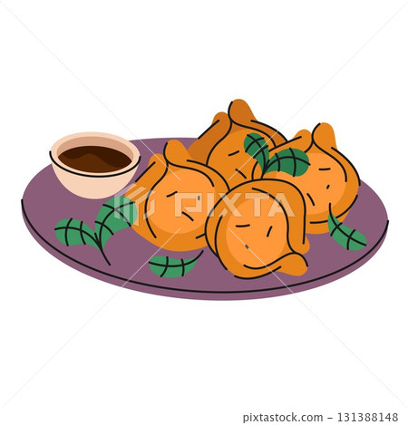 Asian pork dumplings or Chinese gyoza. Vector traditional China food. Dimsum with soy sauce. Restaurant menu icon or meat dish sign. Meal with chopsticks for recipe symbol. Culinary and cooking 131388148