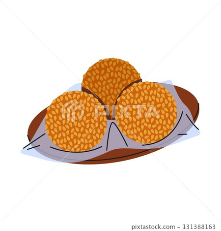 Chinese fried sesame balls dessert or China jiandui treat. Vector sweet food with rice flour. Asian cuisine snack or traditional confectionary for festival celebration. Bakery or pastry for market. Chinese fried sesame balls dessert or China jiandui treat. Vector sweet food with rice flour. Asian cuisine snack or traditional confectionary for festival celebration. Bakery or pastry for market. 131388163